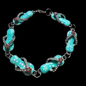 Flip Flop Bracelet Enamel Metal  Sandals Beach gemstones  Silver Tone